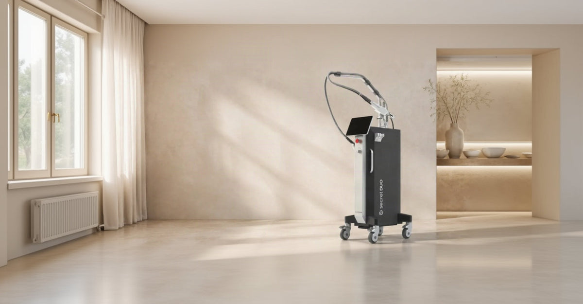 A black and silver Secret DUO device with a curved arm and screen, mounted on wheels, shown in a minimalist beige room setting.